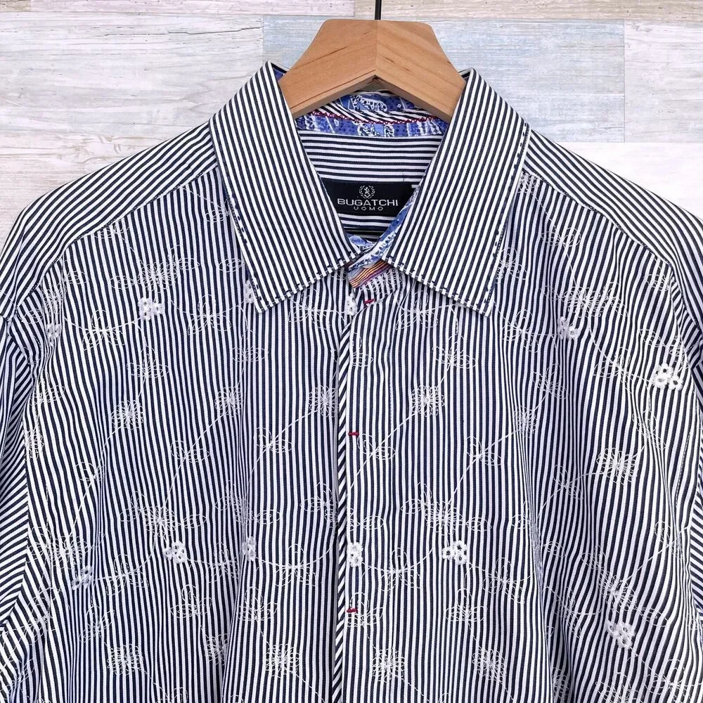 Bugatchi Uomo Floral Embroidered Shirt Blue White Striped Casual Cotton Mens XL